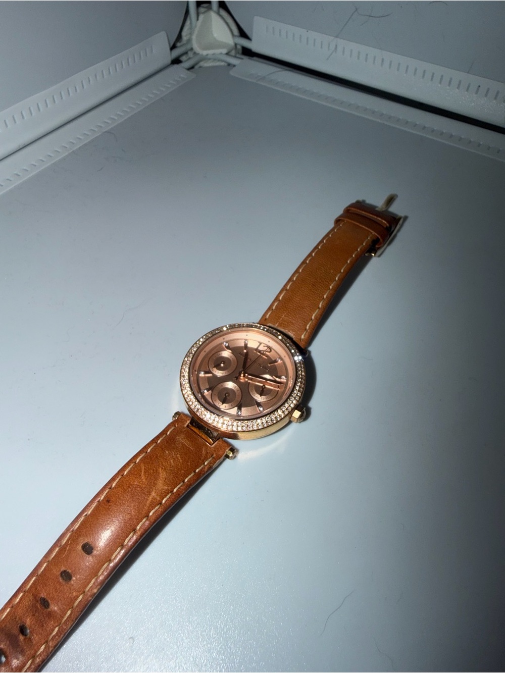 Michael Kors Rose Gold Dial Watch with Brown Leather Strap